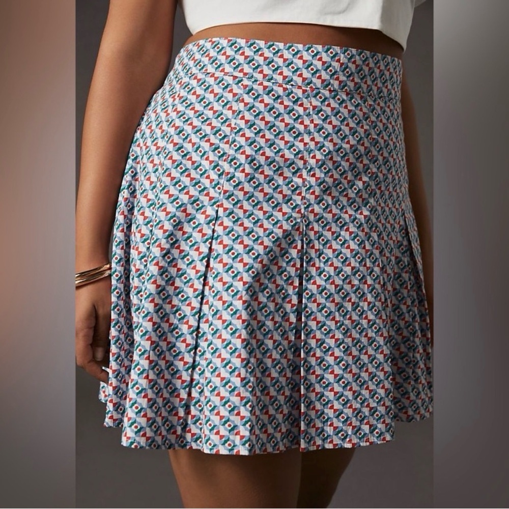 Anthropologie Maeve Geometric Print Pleated MiniSkirt Multicolor Cotton Size 10P